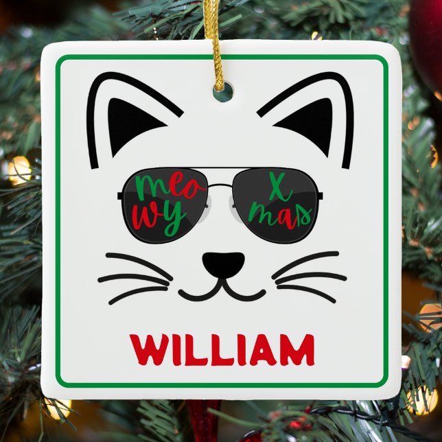 Meowy Christmas Sunglasses Kitty Cat White Ceramic Ornament (Meowy Christmas Sunglasses Kitty Cat White Ceramic Ornament)