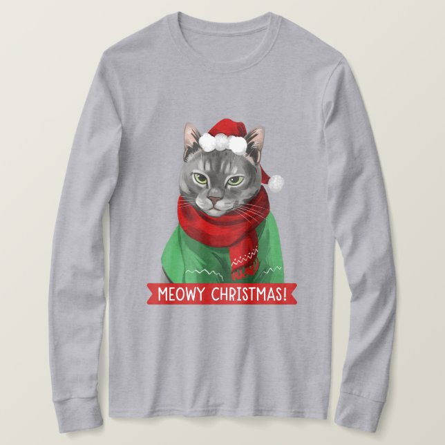 Meowy Christmas T-Shirt, Maybelle the Grey Tabby T-Shirt (Design Front)