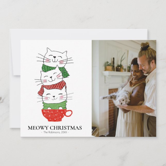 Meowy Christmas Three Cats Cup Scarves Photo Cute Holiday Card (Front)