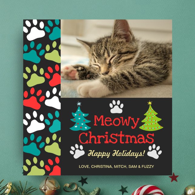 Meowy Christmas Tree Doodle Paw Print Cat Photo Holiday Card (Creator Uploaded)