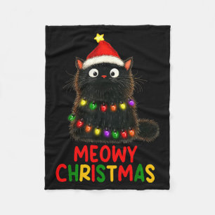 Meowy Christmas Tree Lights Black Cat Xmas Pajamas Fleece Blanket