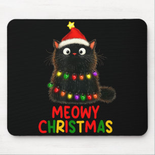 Meowy Christmas Tree Lights Black Cat Xmas Pajamas Mouse Pad