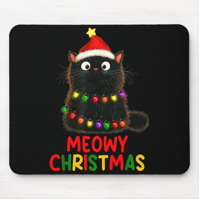 Meowy Christmas Tree Lights Black Cat Xmas Pajamas Mouse Pad (Front)