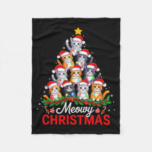 Meowy Christmas Tree Lights Cat Santa Xmas Family  Fleece Blanket