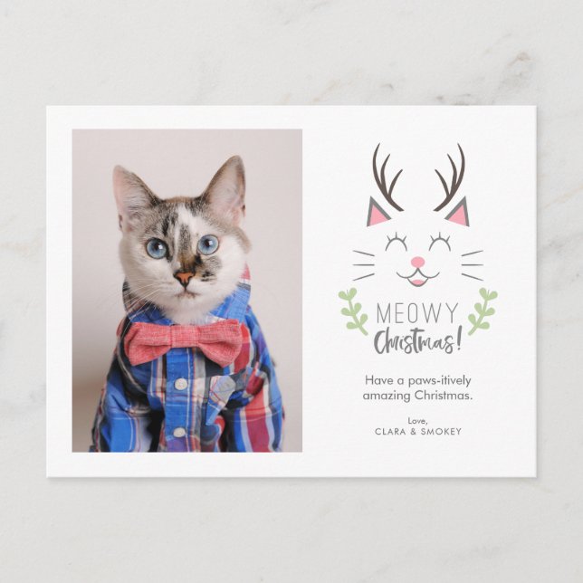 Meowy Christmas Whimsical Cat with Antlers Photo Holiday Postcard (Front)