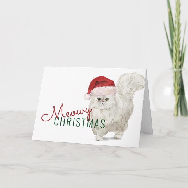 Meowy Christmas White Persian Cat Watercolor Holiday Card (Front)