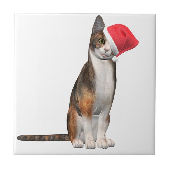 Meowy Christmas with a playful cat in a hat Tile (Front)