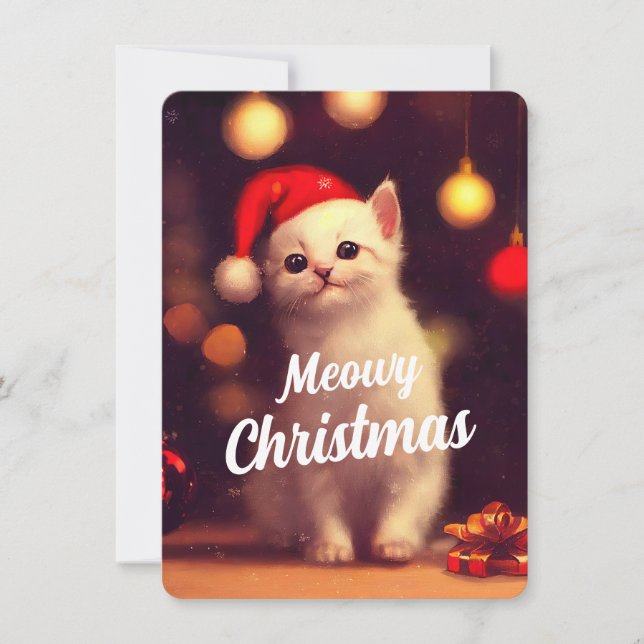 Meowy Christmas With Cute White Kitten Invitation (Front)