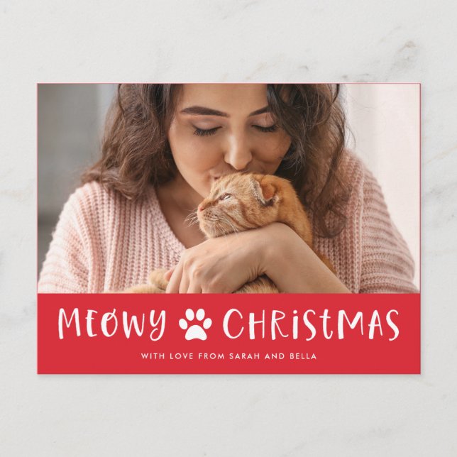 Meowy Christmas with Photo | Funny Cat Christmas Holiday Postcard (Front)