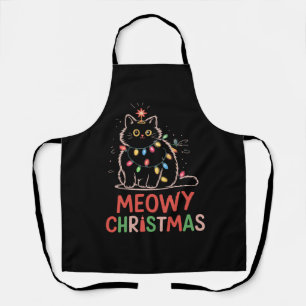Meowy Christmas Xmas Lights Black Cat Pajamas  Apron
