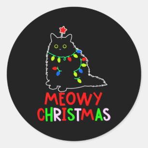 Meowy Christmas Xmas Lights Black Cat Pajamas  Classic Round Sticker