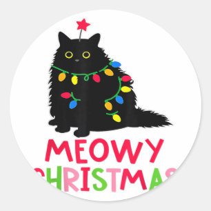 Meowy Christmas Xmas Lights Black Cat Pajamas Fami Classic Round Sticker