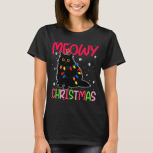 Meowy Christmas Xmas Lights Black Cat Pajamas Fami T-Shirt