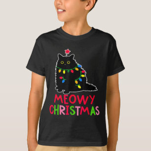 Meowy Christmas Xmas Lights Black Cat Pajamas Fami T-Shirt