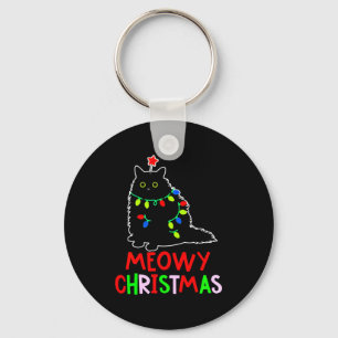 Meowy Christmas Xmas Lights Black Cat Pajamas Key Ring