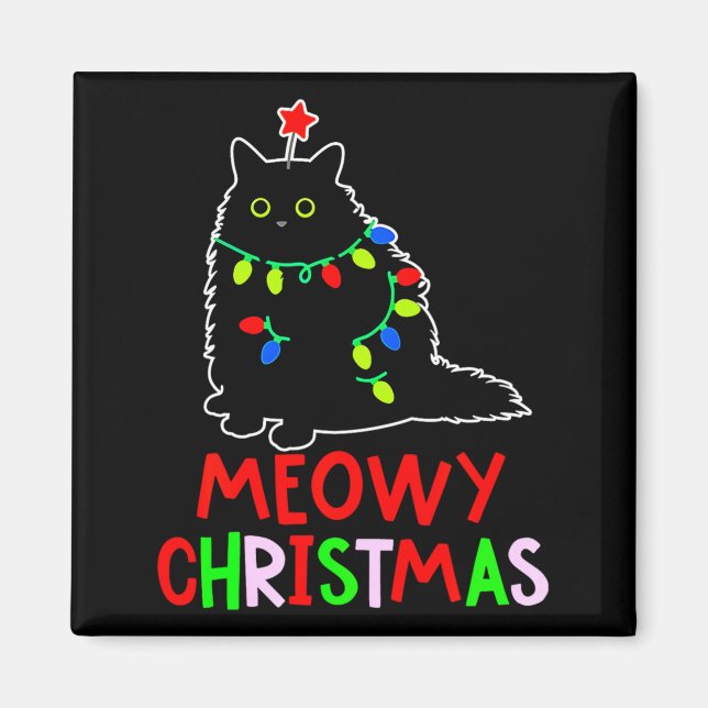 Meowy Christmas Xmas Lights Black Cat Pajamas  Magnet (Front)