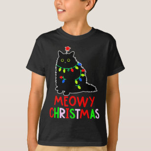 Meowy Christmas Xmas Lights Black Cat Pajamas  T-Shirt