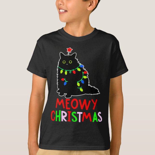 Meowy Christmas Xmas Lights Black Cat Pajamas  T-Shirt (Front)