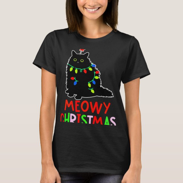 Meowy Christmas Xmas Lights Black Cat Pajamas Todd T-Shirt (Front)