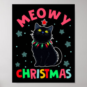 Meowy Christmas Xmas Lights Black Cat Pyjamas Fami Poster