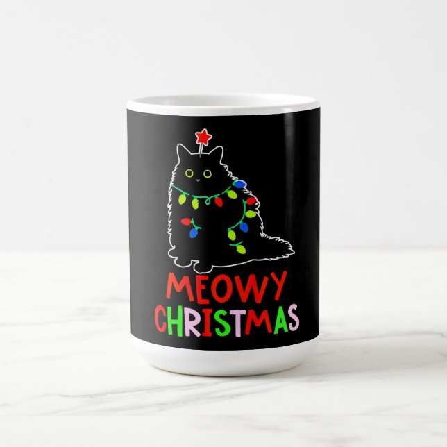 Meowy Christmas Xmas Lights Black Cat Pyjamas  Magic Mug (Center)