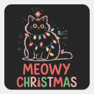 Meowy Christmas Xmas Lights Black Cat Pyjamas  Square Sticker