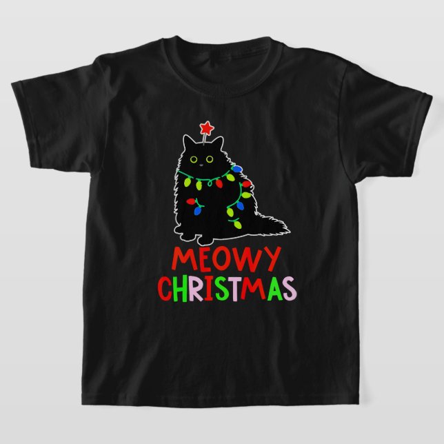 Meowy Christmas Xmas Lights Black Cat Pyjamas  T-Shirt (Laydown)