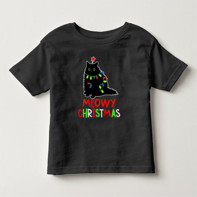 Meowy Christmas Xmas Lights Black Cat Pyjamas  Toddler T-Shirt (Front)