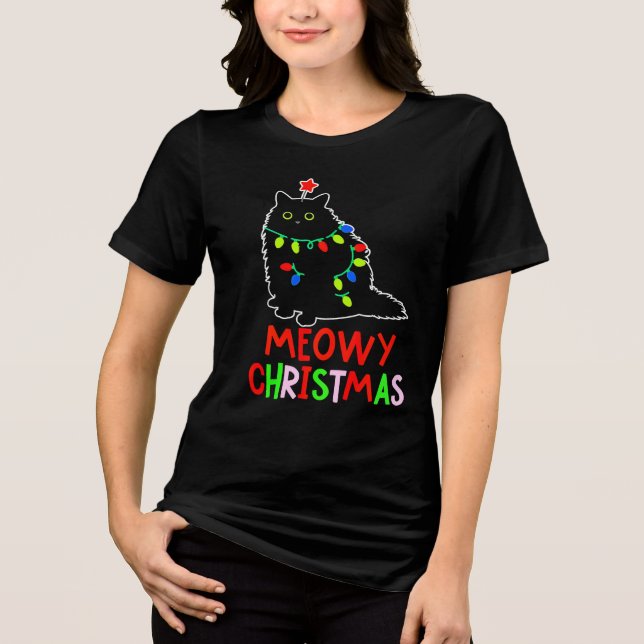 Meowy Christmas Xmas Lights Black Cat Pyjamas  Tri-Blend Shirt (Front)