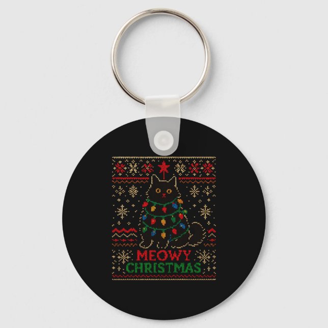 Meowy Christmas Xmas Lights Cat Ugly Sweater Pajam Key Ring (Front)