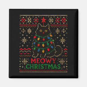 Meowy Christmas Xmas Lights Cat Ugly Sweater Pajam Magnet