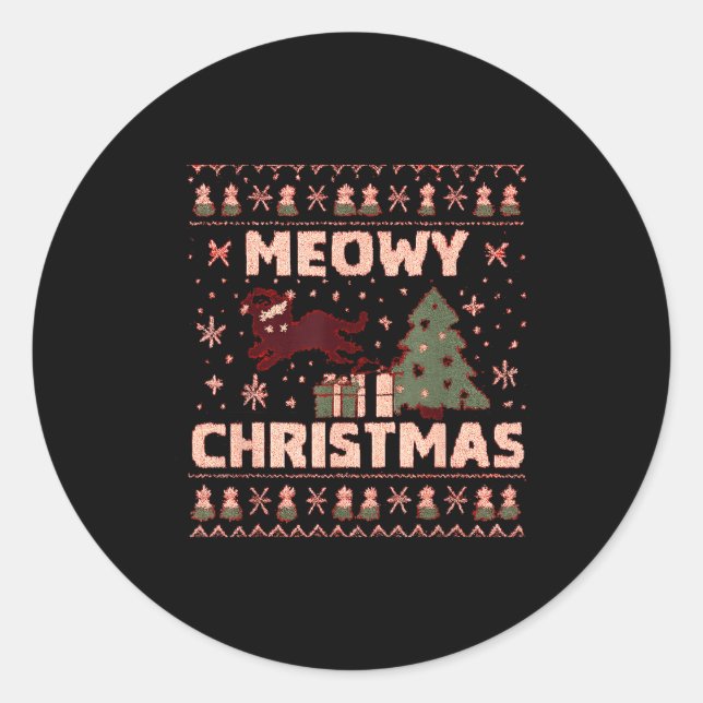 Meowy Christmas Xmas Tree Cat Ugly Sweater Pajamas Classic Round Sticker (Front)