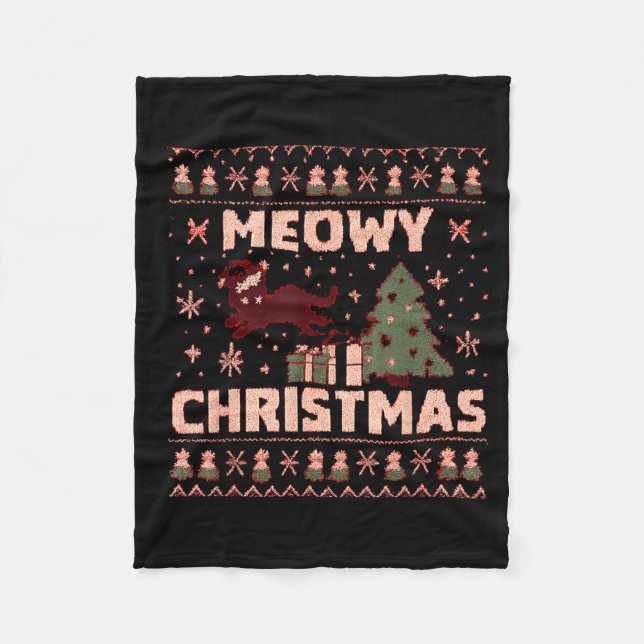 Meowy Christmas Xmas Tree Cat Ugly Sweater Pajamas Fleece Blanket (Front)