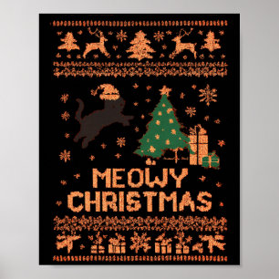 Meowy Christmas Xmas Tree Cat Ugly Sweater Pajamas Poster