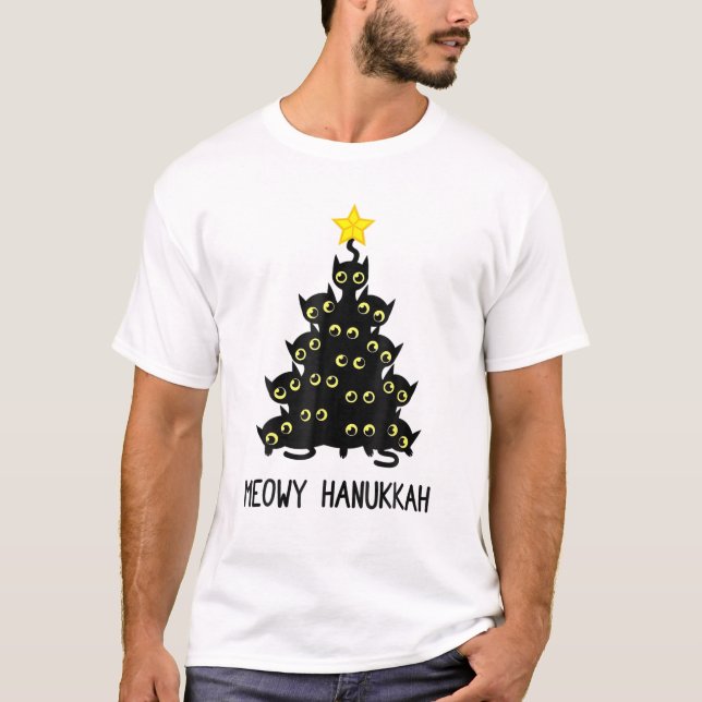 Meowy Hanukkah Cat Christmas Tree Jewish Chanukah T-Shirt (Front)