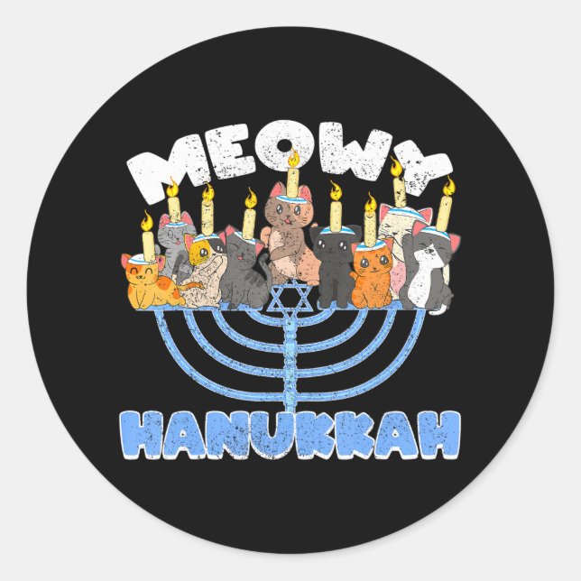 Meowy Hanukkah Cats on Menorah for Hanukkah Classic Round Sticker (Front)