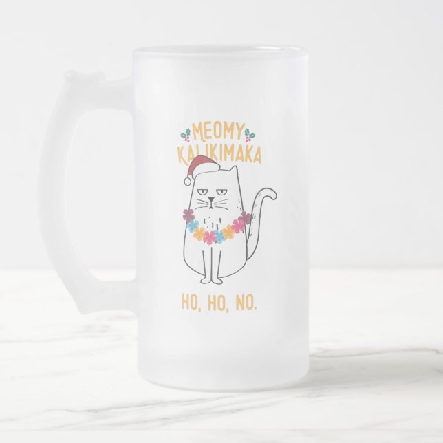 Meowy Kalikimaka Funny Cat Santa Hat Christmas Frosted Glass Beer Mug (Left)