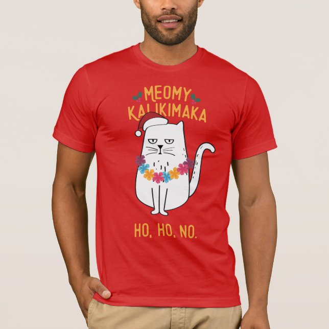 Meowy Kalikimaka Funny Cat Santa Hat Christmas T-Shirt (Front)