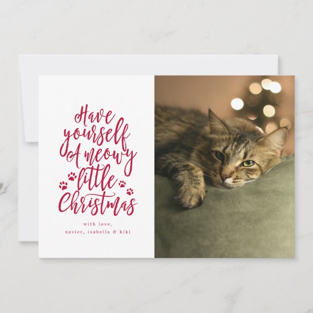 Meowy Little Christmas White Holiday Photo Card (Front)