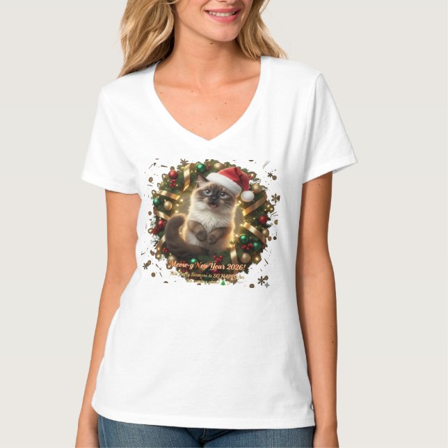Meowy New Year 2026 – Fluffy Siamese Cat in Christ T-Shirt (Front)