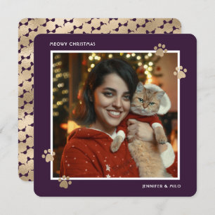Meowy Purple Gold Cat Owner Modern Photo Holiday Card