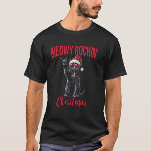 Meowy Rockin Christmas Funny Cat Wear Santa Hat Ki T-Shirt