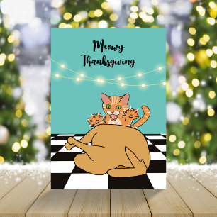 Meowy Thanksgiving Funny Cat Turkey Cartoon  Holiday Card