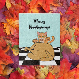 Meowy Thanksgiving Funny Cat Turkey Cartoon  Jigsaw Puzzle
