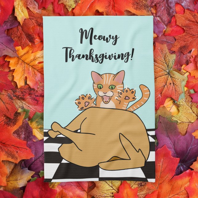 Meowy Thanksgiving Funny Cat Turkey Cartoon  Tea Towel (Creator Uploaded)
