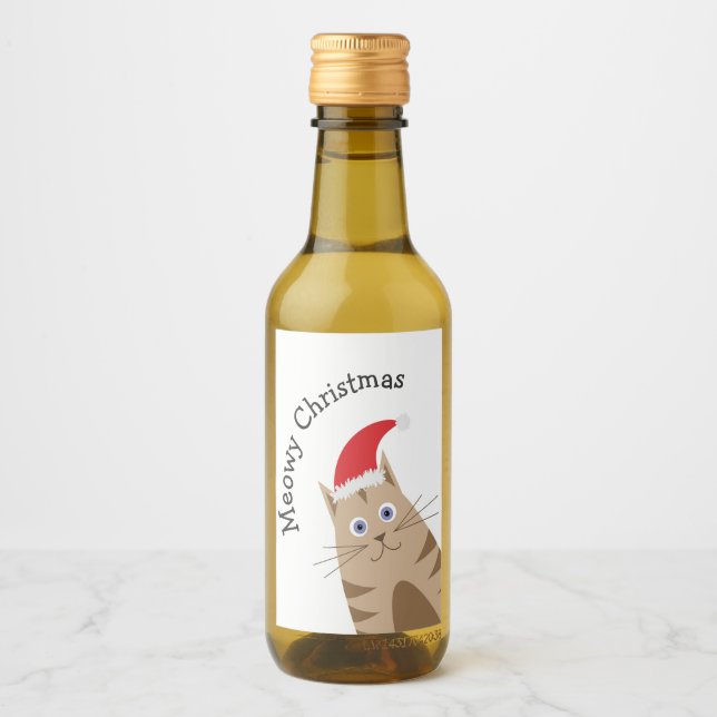 Meowy Xmas funny cat wears santa hat Wine Label (Front)