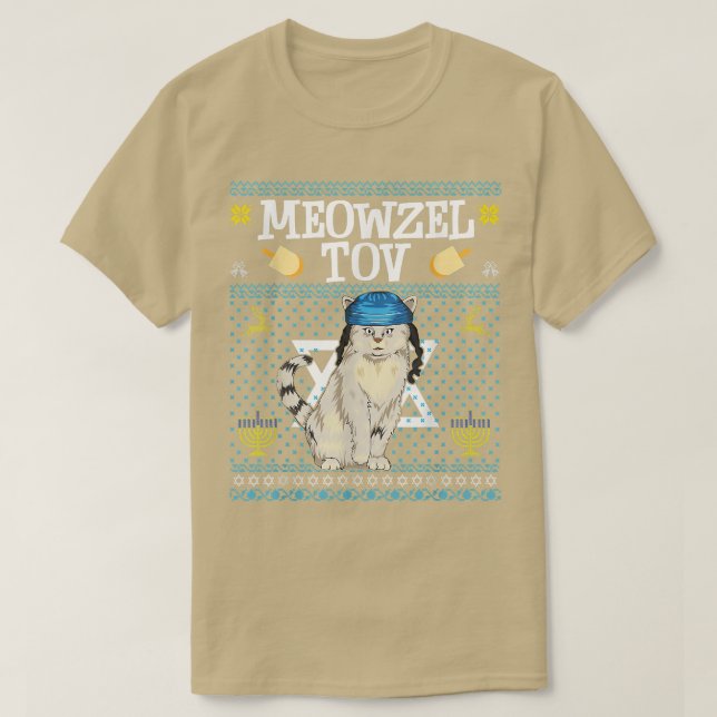 Meowzel Tov Chanukah Jewish Cat Funny Cat Menorah  T-Shirt (Design Front)