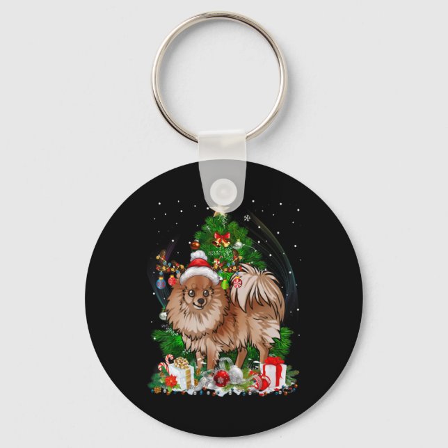 Meranian Christmas Tree Light Pajama Dog Xmas T Sh Key Ring (Front)