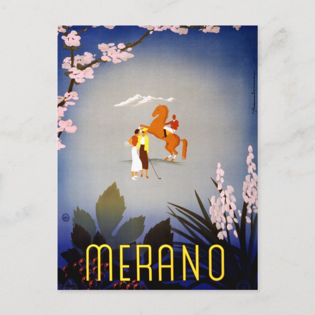Merano Italy Vintage Travel Poster Restored Postcard (Front)