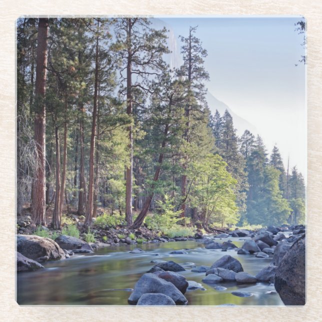 Merced River | Yosemite National Park at Sunrise Glass Coaster (Front)